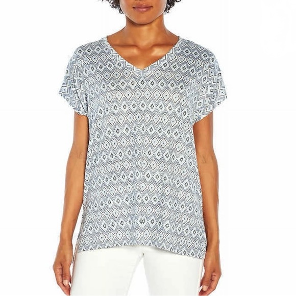 Orvis Geometric Blue Ikat Geometric Design V Neck Tunic Top Ladies XXL - Picture 1 of 16